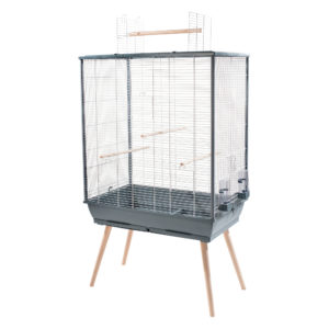 Cage Neo Jili pour oiseaux, barreaux larges (15 mm), grise avec grillage blanc, très grande, 81 x 48 x 132 cm